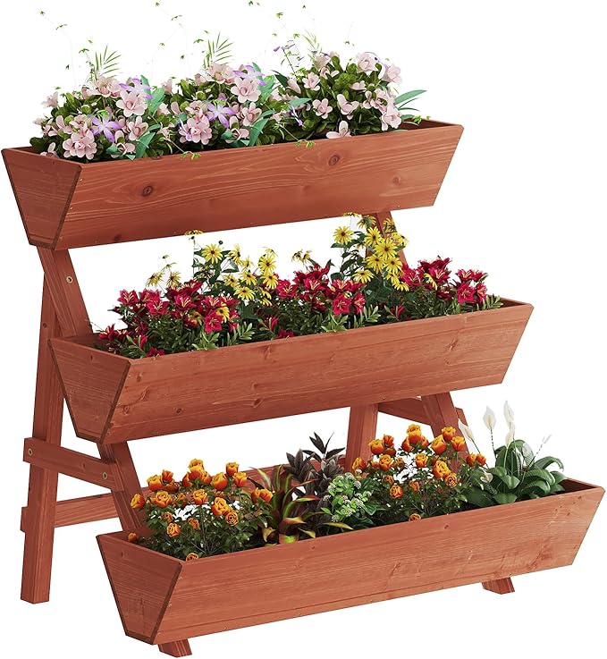 3-Tiers Wooden Raised Garden BedWood Planter Box for VegetableFlower RackFlower Pot StandsIndoor Outdoor Gardening Planting Beds (Brick red Large)