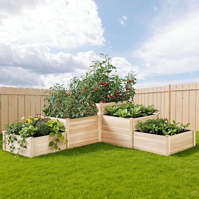 AMERLIFE 3-Tier Raised Garden Bed 28 Inch Depth Fir Wood Planter Box for Outdoor Gardening with Dividers Tool-Free Assembly Garden Box Ideal for Vegetables Herbs Flowers