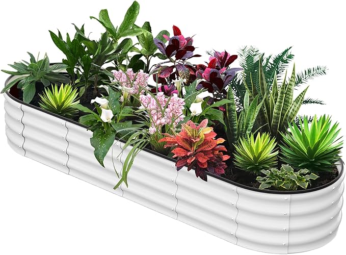 8x2x1 FT Galvanized Raised Beds for Outdoor Oval Raised Garden Bed with Open Base Tool-Free Assembly Planter Raised Boxes for Outdoor Vegetables &amp Flowers White