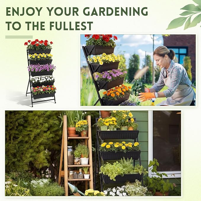 2 Pack 5 Tier Vertical Garden Planter with Wheels 4.5 ft Raised Garden Bed for Strawberry Herb Vegetable Flower Stackable Planter Boxes with Drainage for Patio Indoor Outdoor(Black)