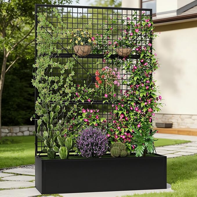 Metal Raised Garden Bed with Trellis and Privacy Screen 71×47.2×16 Planter Box with Drainage Holes for Climbing Plants Vegetables Vines Outdoor Sturdy Planter Box for Patio Backyard Black