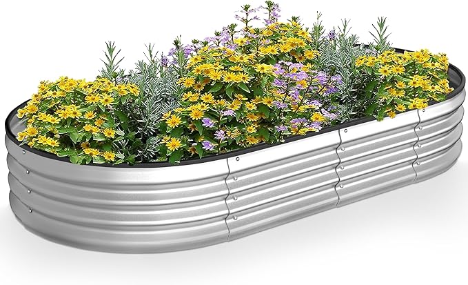Crownland Outdoor Garden Metal Raised Garden Beds Oval Galvanized Planter Box Rubber Edge Guard for Patio Growning Fresh Vegetables Flowers Herbs and Succulents(8ft*4ft*1ft) Silvery