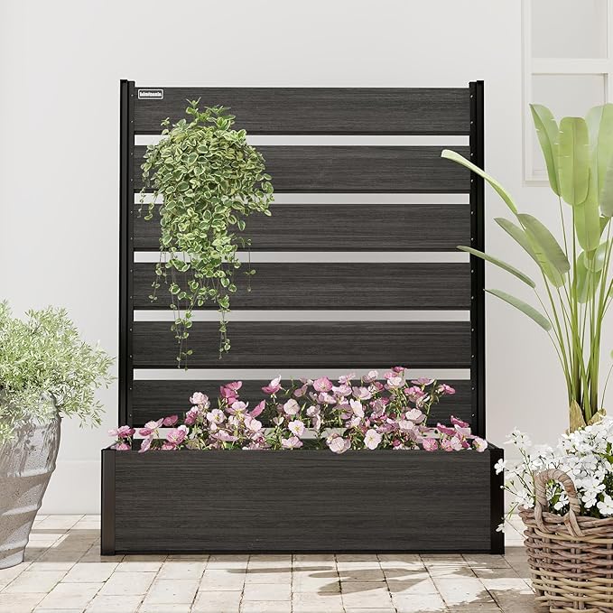 Vertical Screen Planter Bed - Raised Garden Box with Trellis for Climbing Plants Durable Privacy Fence Planter for Outdoor Patio Deck Aluminum Frame Black with Base