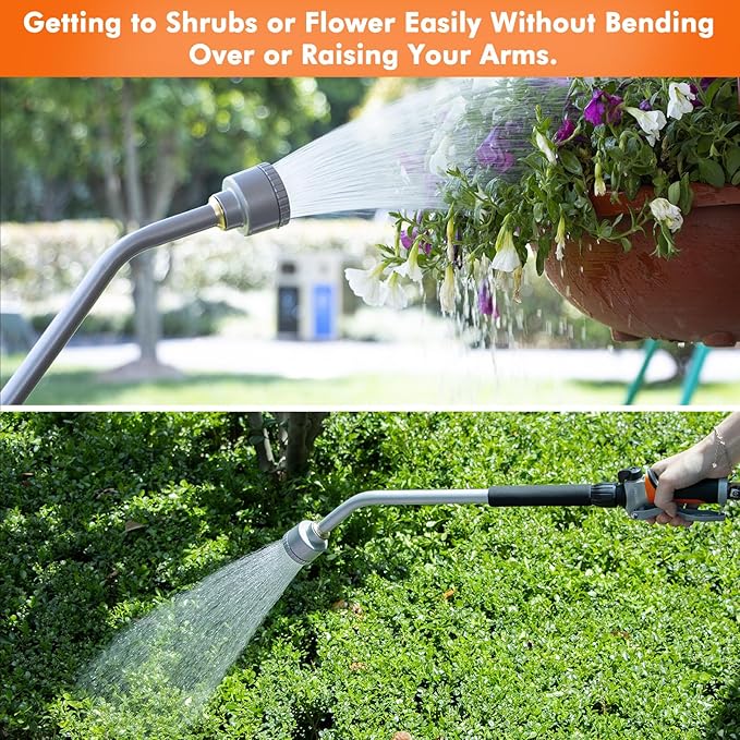 RESTMO Long Watering Wand 24 Inches Gentle Soft Full Shower Sprayer Wand with Flow Control Heavy Duty Metal Hose Wand for Hanging Baskets Shrubs Plants Flowers Garden and Lawn Orange