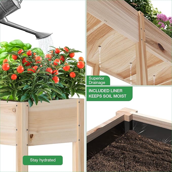 MIXC 72”L X 23”W Raised Garden Bed Outdoors with Legs Elevated Reinforced Wooden Large Planter Box for Backyard Patio Balcony w/Divider Panel 6 Legs 300lb Capacity