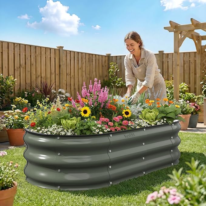 Kesfitt Raised Garden Bed 4x2x1 FT Galvanized Steel Metal Raised Garden Bed Oval Open-Bottom Design 12-Inch Deep for Outdoor Vegetable &amp Herb Gardening Volcanic Gray