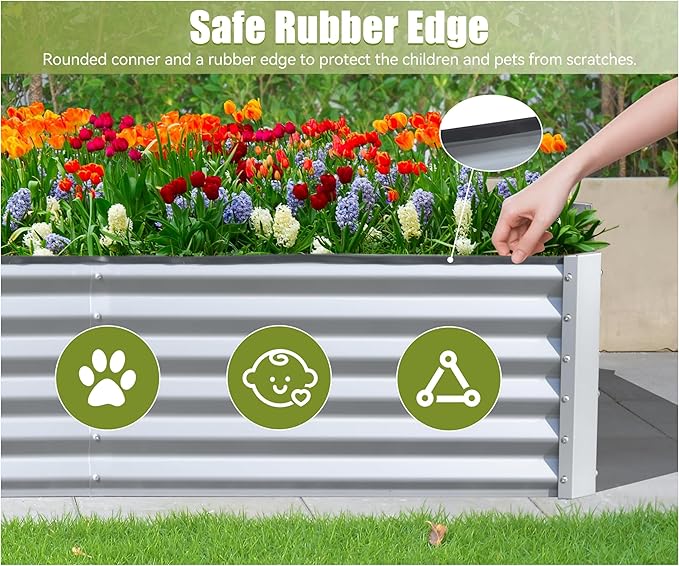 6x3x1.5Ft Galvanized Raised Garden Beds Outdoor Large Elevated Planter Raised Beds Rot-Resistant Deep Root Planter Box for Vegetables and Flowers Silver+White