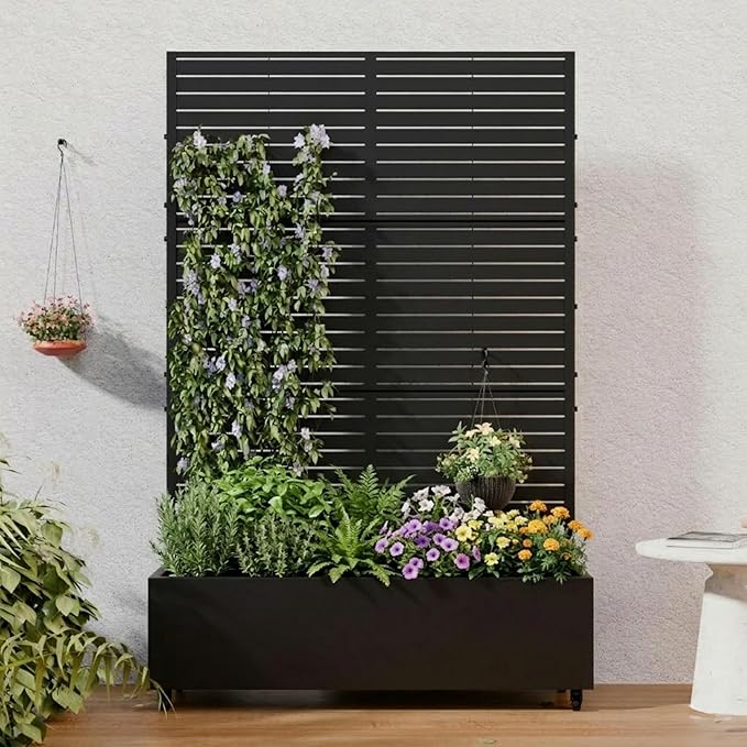 Casaphoria Metal Raised Garden Bed with Trellis and Wheels 72x47x16 Planter Box for Climbing Plants Vegetables &amp Vines Features Drainage Holes and Privacy Screen (Black-Louvered)