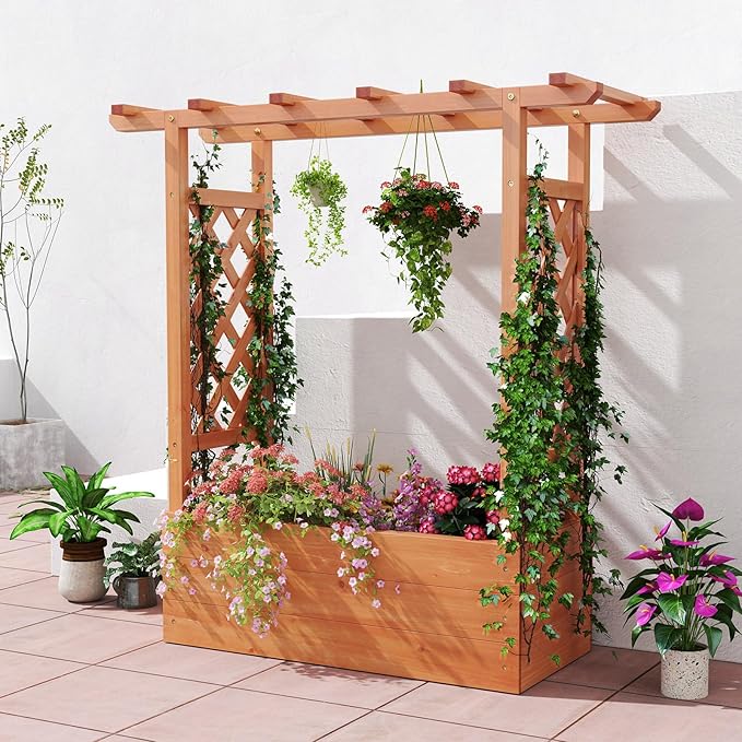HOMGX Raised Garden Bed with Trellis Vertical Garden Planter w/Drainage Holes for Climbing Vines Roses Tomatoes Tiered Flower Stand for Flowers Herbs Climbing Vines