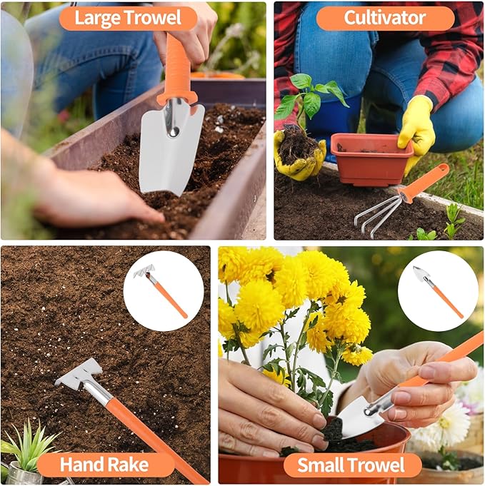 Gardening Tool Set 11 Pieces Gardening Tools with Carrying Case Garden Tool Kit for Digging Planting Pruning Unique Gardening Set with Gloves for Women and Men (Orange)