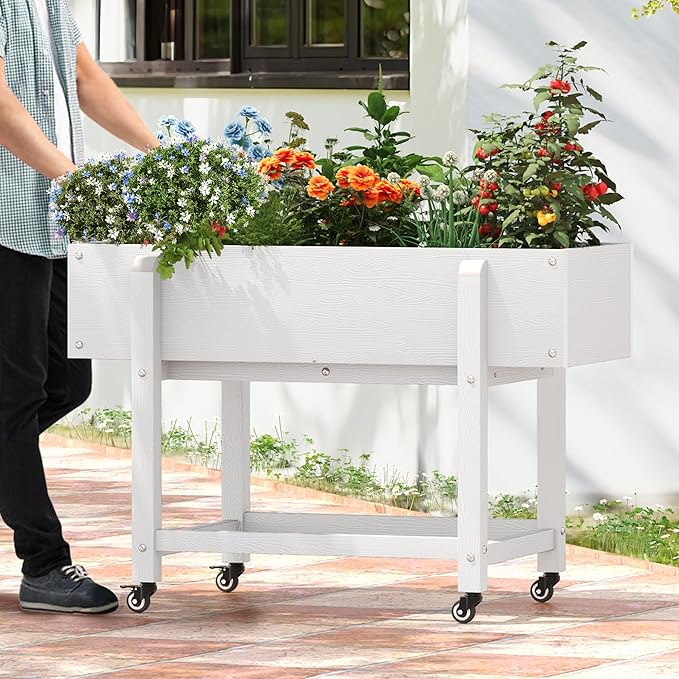 LUE BONA Raised Garden Bed with Wheels 39.4 * 16.7 * 28 in Poly Elevated Outdoor Planter Box with Tools Weather Resistant Standing Growing Bed Herb Planter for Vegetable Flowers Fruits