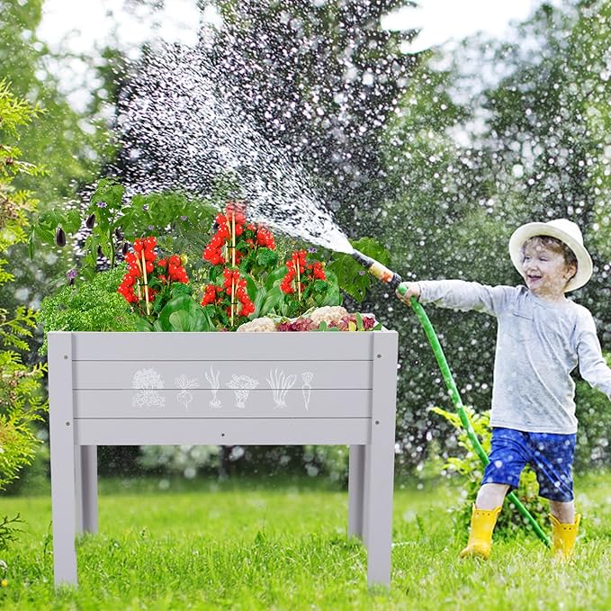 Kids Raised Garden Bed with DIY Chalkboard 30 x 24 x 18 Inch Wooden Elevated Raised Garden Bed for Kids Outdoor Planter Box with Legs for Vegetables Grass Lawn Yard Light Blue