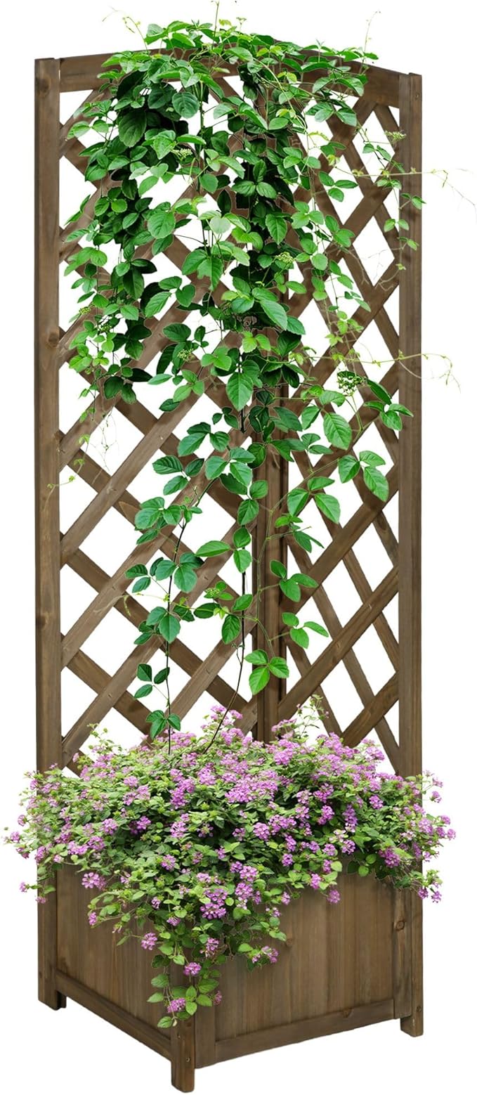 48x25x18in Premium Carbonized Wooden Raised Garden Bed with Full-Height Trellis System for Vertical Garden Expansion Practical Design