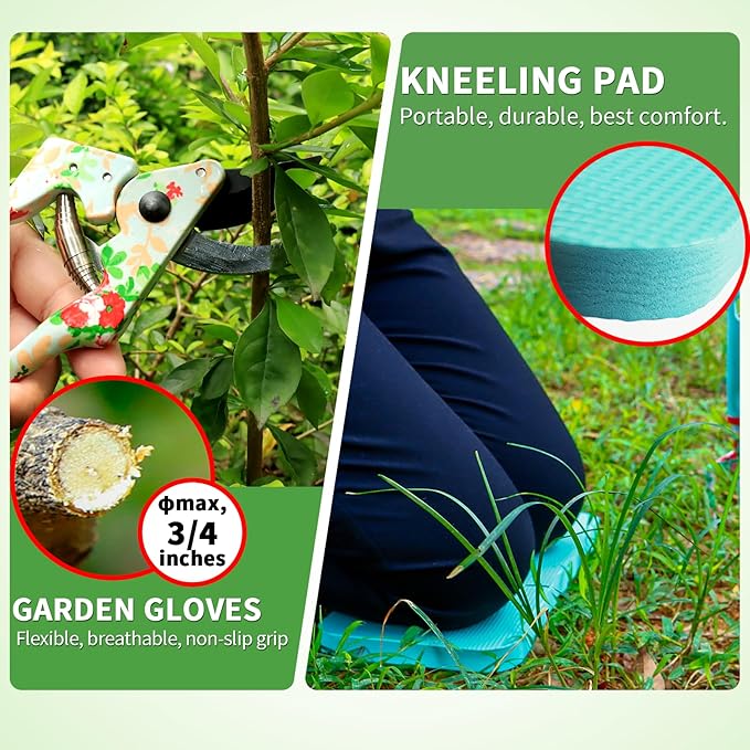 Garden Tools Set JUMPHIGH 10 PCS Heavy Duty Gardening Tools Includes Hand Trowel Rake Weeder Pruner Gardening Gifts for Women Garden Kit with Tote Bag Apron Gloves Kneeling Pad