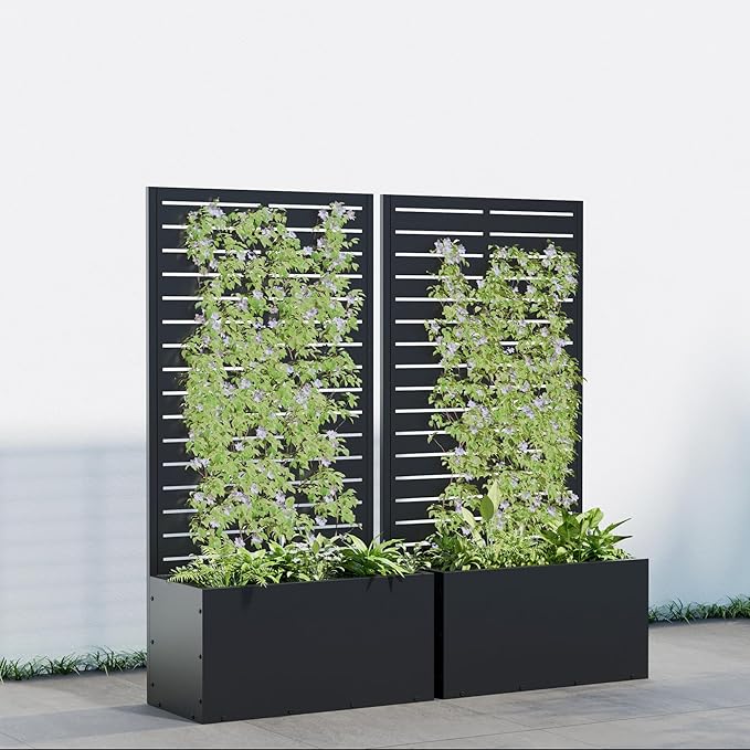 Casaphoria 47x24 Metal Raised Garden Bed with Trellis(2 Pack) Outdoor Planter Box with Wheels &amp Drainage Holes for Climbing Plants Flowers Elevated Garden Kit with Privacy Screen Black-Louve