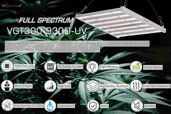 300Watt LED Grow Lamp UV IR Full Spectrum 4x4 5x5ft Coverage Grow Light Bar with 1092pcs Diodes 7 Bars Led Plant Growing Lamp for Vertical Farming Commercial Dimmable Easy Installation