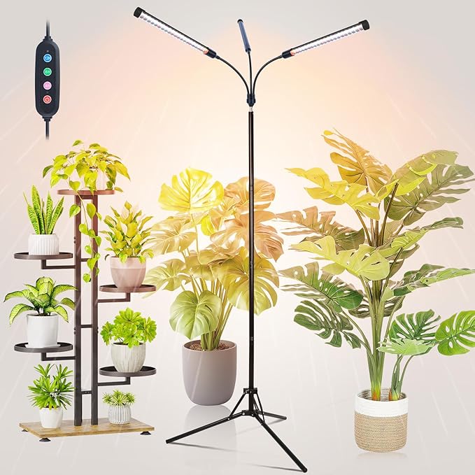 FECiDA 2026 3Head Grow Lights with Upgraded Stand Standing Grow Lights for Indoor Tall Plants Bonsai Tree 4/8/12/16/20 Hr Timer 27 Watt Power Draw NO Need Adapter 24-72 Height Adjustable