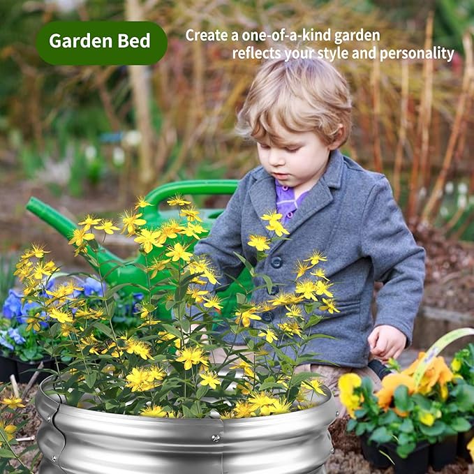 Galvanized Raised Garden Bed Round Metal Planter Box for Vegetables 2x2x1ft Outdoor Gardening Kit Flower Helb