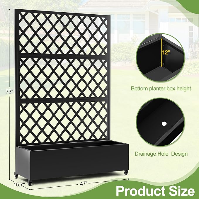Metal Planter Trellis Box with Wheels &amp Drain Plug Outdoor Raised Garden Bed Patio Privacy Screen with Planter for Climbing Plants Vegetables 73x47x16 Black-Diamond