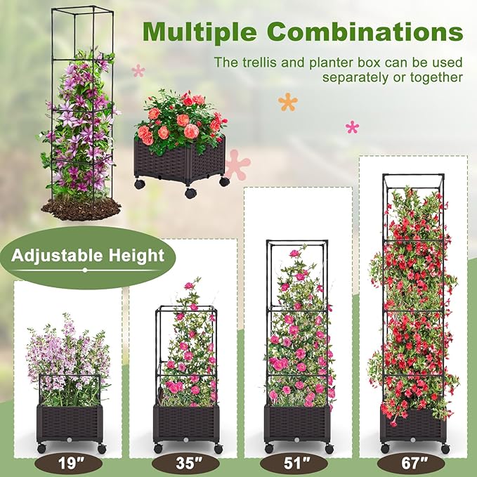 Giantex Set of 2 Raised Garden Bed with Tomato Cages 67” Adjustable Height Self Watering Planter Garden Box with Wheels Trellis for Climbing Plants Vegetable Flower