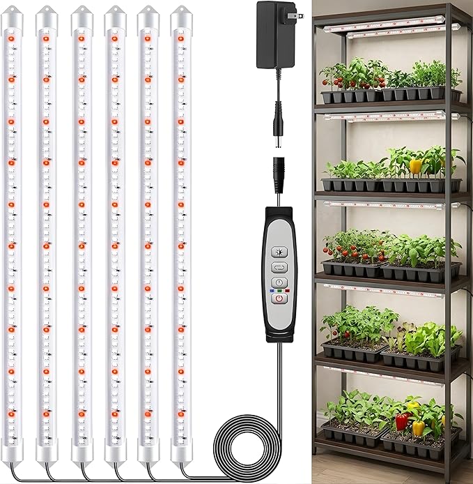 16'' 6 Bars Grow Light Strips for Indoor Plants with Auto ON/Off Timer 6/12/18H 5 Dimmable Levels for Shelves Plant Growing(Pack 1)