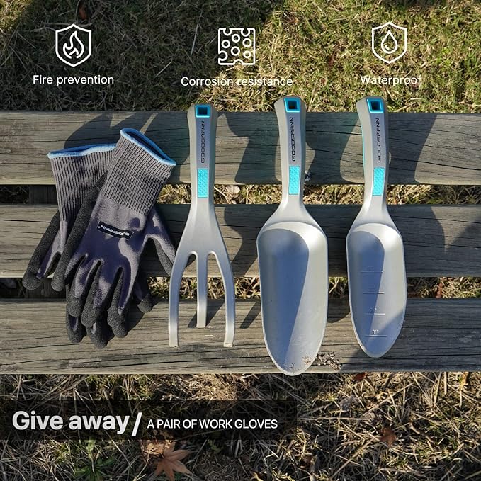 GOODSMANN Garden Tools Set 3 Piece All One Piece Die-Cast Aluminum Gardening Kit Hand Shovel Hand Transplanter and Hand Cultivator Shovel Soils Scoop Triple Claw Rake for Digging Planting