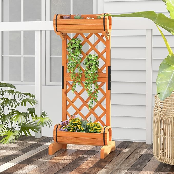 HAPPYGRILL Raised Garden Bed with Trellis Removable Planter Boxes with 2-Tier Round Planter Box &amp Lattice Trellis Vertical Wood Raised Flower Bed for Vine Climbing Plants (18 L x 14 W x 44.5