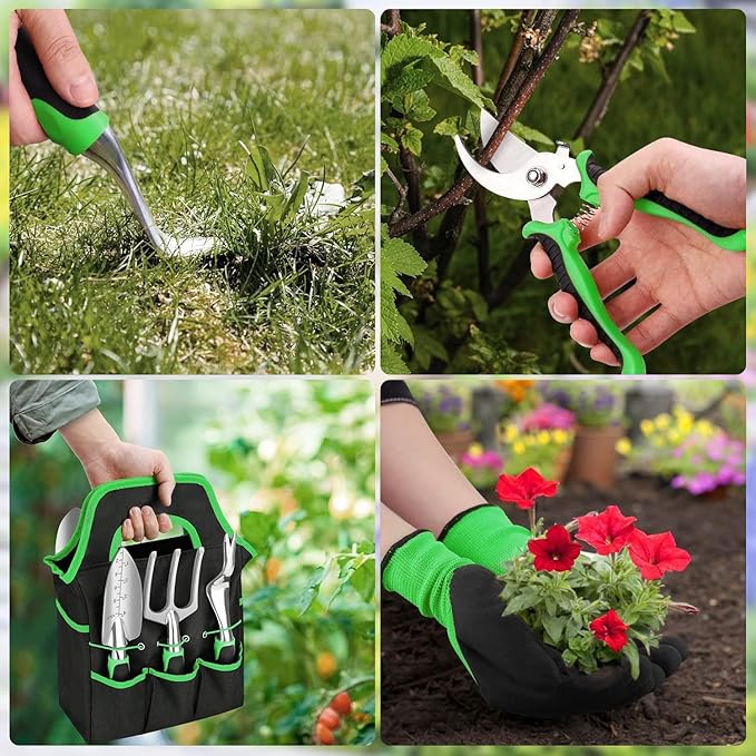 Garden Tool Set 8 PCS Stainless Steel Heavy Duty Gardening Tool Set with Non-Slip Rubber Grip Storage Tote Bag Outdoor Hand Tools Pruning Shears Set Gardening Tool Kit（Green）