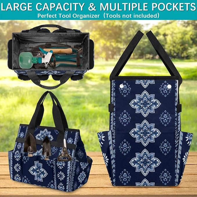 Westward Floral Gardening Tool BagHeavy Duty Garden Tote BagPortable Oxford Gardening Storage Basket Organizer Handbag with Pockets HandleHand Tools Gifts for Outdoor Garden Lawn Yard