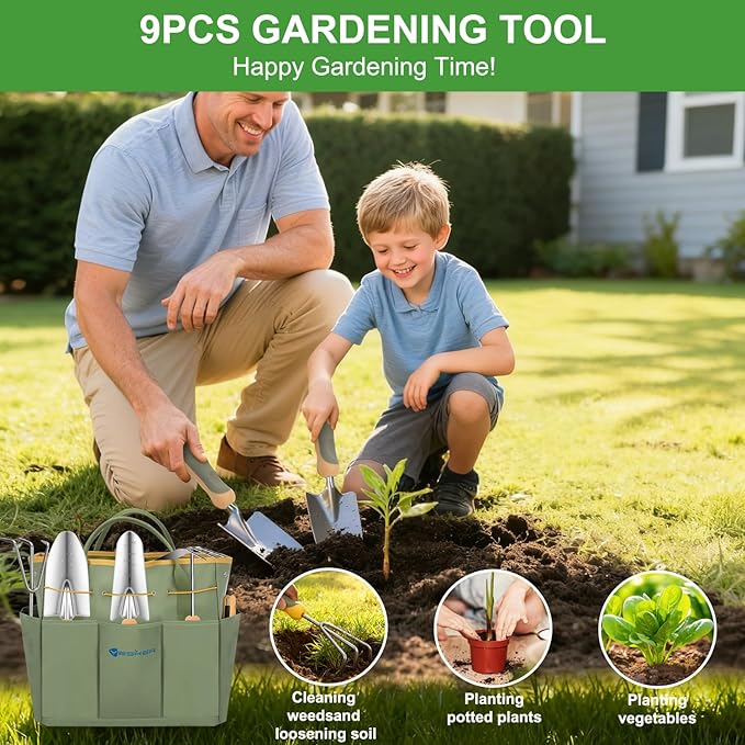 Yesker Gardening Tools 9-Piece Heavy Duty Garden Tool Set Gardening Supplies Gifts for Women Men Gardening Hand Tool Kit w Non-Slip Ergonomic Rubber Handle Durable Garden Bag Pruning Shears Green