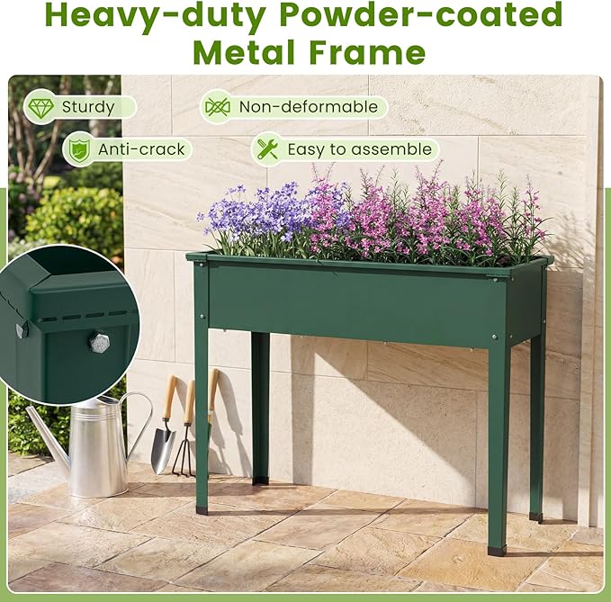 HAPPYGRILL Raised Garden Bed Metal Elevated Planter Box w/Legs Drainage Holes for Growing Vegetables Fruits Flowers Indoor Outdoor Standing Plant Container for Backyard Patio (Green 40”x16”x32”)