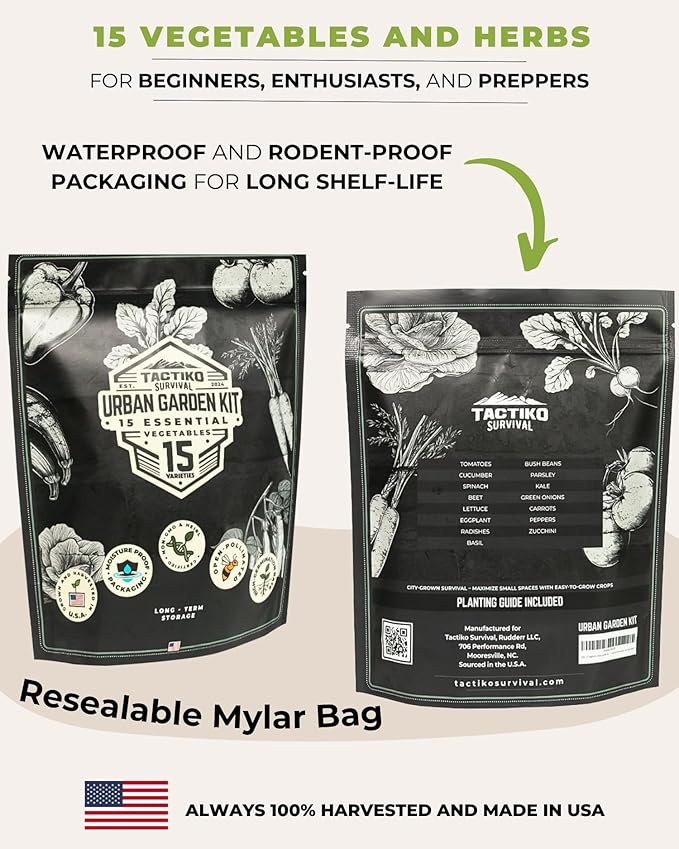 Tactiko Survival 15 Vegetable Seed Kit Varieties for Small Urban Garden Balconies &amp Patios - Non-GMO Heirloom - Popular USA-Grown Dwarf Seeds for Planting Vegetables - Indoor Outdoor
