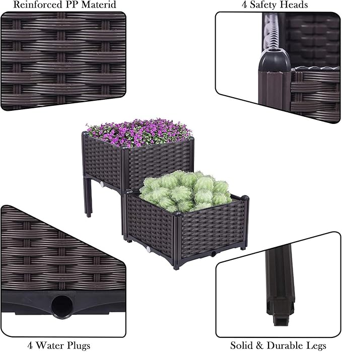 Set of 2 Elevated Planting Box Outdoor Planter Boxes with Legs Modern Rattan-Style Plastic Garden Raised Bed for Vegetables