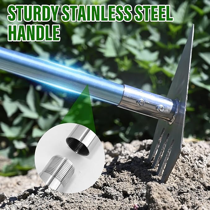 4-in-1 Garden Hoe Tool and Weeder 56 Inch Ergonomic Long Handle Cultivator with Sharp Stainless Steel Blade Heavy Duty Garden Hand Tiller for Weeding Digging Loosening SoilRemoving Moss