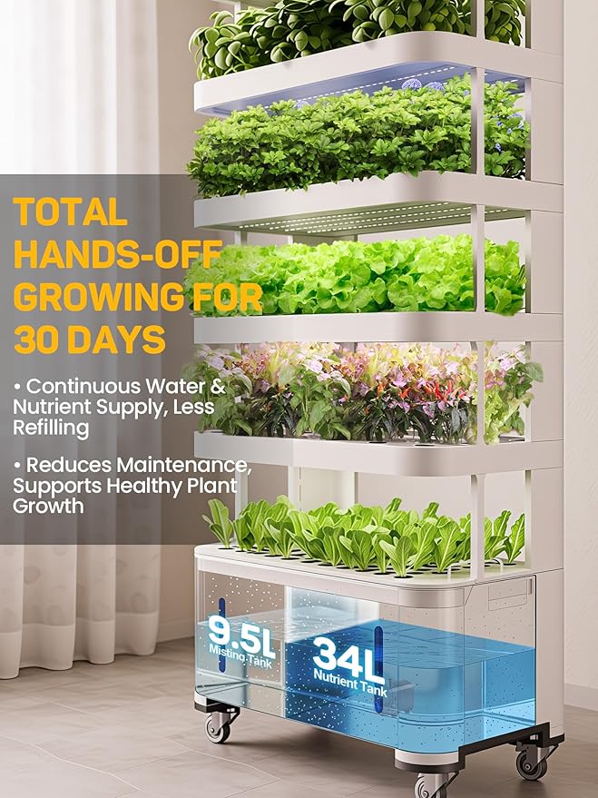 Large Hydroponics Growing System 148-Pod Vertical Indoor Garden Hydroponic Tower with Full-Spectrum Grow Lights Ultra-Quiet Pump Dual Water Tanks 30-Day Self-Managed for Home &amp Commercial