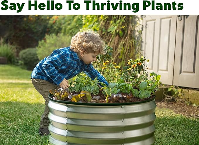 Round Galvanized Raised Garden Bed // 2×2×1 ft Galvanized Raised Garden Beds Outdoor for Gardening Vegetables Flowers // Patented Tool-Free Design Round Planter (Silver)