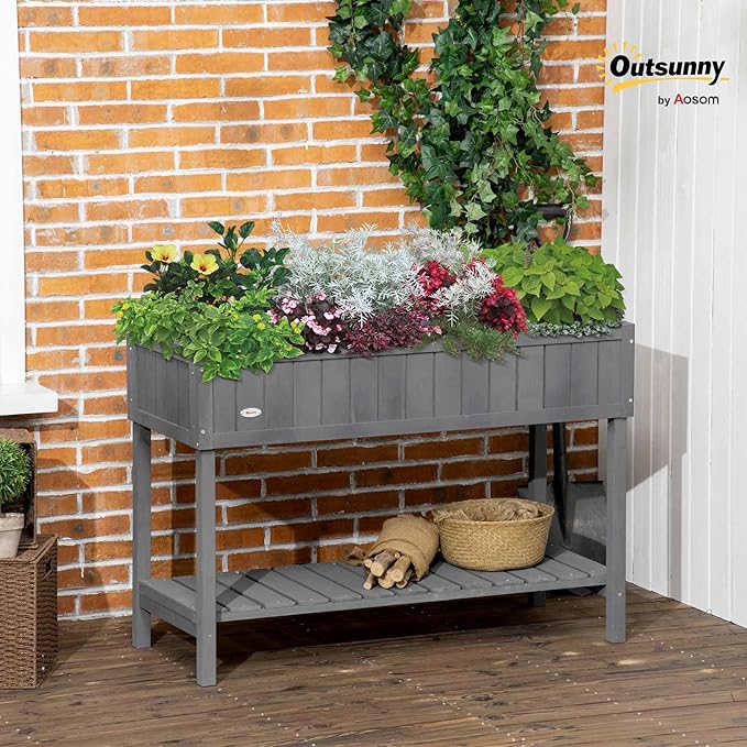 Outsunny 43x18x30in Raised Garden Bed with 8 Pockets and Shelf Wooden Elevated Planter Box with Legs to Grow Herbs Vegetables and Flowers Dark Gray