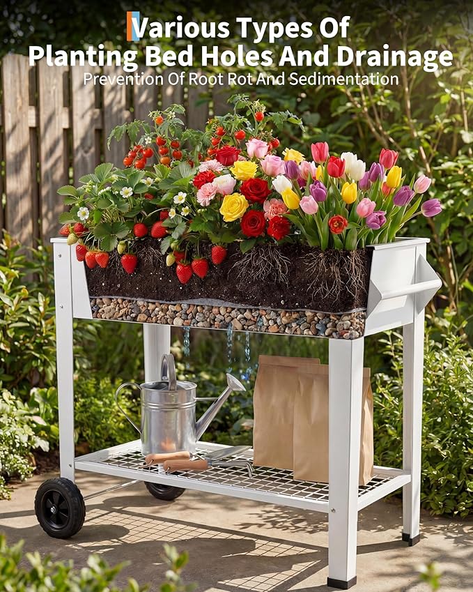 Elevate 39 Raised Garden Bed with Wheels &amp Storage Shelf 400 Lbs Capacity Anti-Rust Steel Planter Box for Vegetables &amp Herbs Patio/Balcony/Backyard