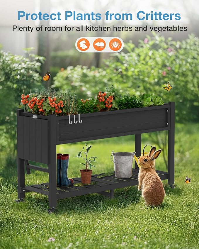YEFU Raised Garden Bed with Legs: 57x18x30in Elevated Poly Planter with WheelsWaterproof Mobile Raised Bed Garden Elevated Planter Box Stand with Storage ShelfFor DeckPatioPorchYard (Black2pcs)