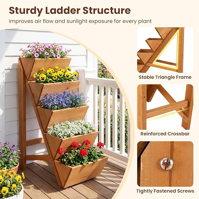 HAPPYGRILL Vertical Raised Garden Bed Freestanding Wood Elevated Planter Box w/Legs for Growing Vegetables Flowers Herbs Indoor Outdoor Tiered Plant Stand for Patio Yard Balcony Corner (15-Tier)