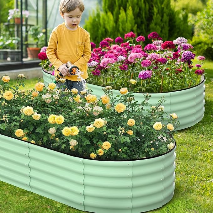 2-Pack Raised Garden Bed 6x3x1ft Oval Raised Planter Beds with Open-Ended Base Galvanized Metal Garden Bed Outdoor for Vegetables Flowers Green Color