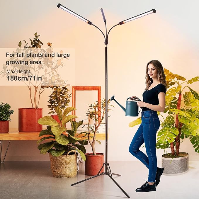 FECiDA 2026 3Head Grow Lights with Upgraded Stand Standing Grow Lights for Indoor Tall Plants Bonsai Tree 4/8/12/16/20 Hr Timer 27 Watt Power Draw NO Need Adapter 24-72 Height Adjustable