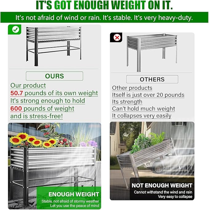 Doniks Raised Garden Bed with Legs 48×24×32in Large Outdoor Metal Galvanized Garden Planting Box 600lb Capacity for Vegetables Lawn Green Flowers Fruits Terrace