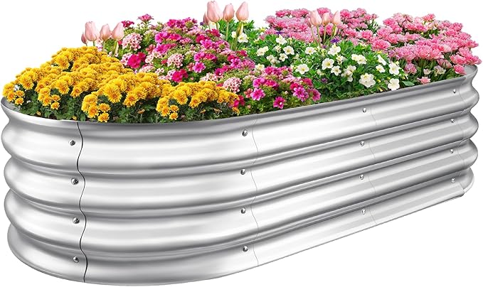 Sponvatt Raised Garden Bed - Outdoor Galvanized Raised Garden Bed Planter Boxes Large Oval Metal for Gardening Planter Box KitSuitable for VegetablesHerbs and Flowers Silver (6x3x1 Ft)