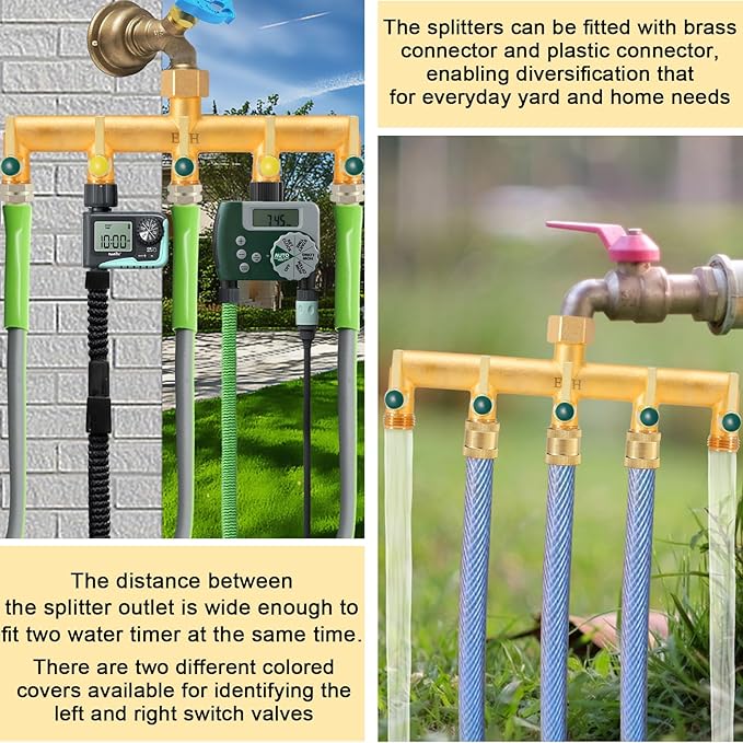 EBH Brass Garden Hose Splitter 5 Way Outdoor Frostproof Tap Hose Splitter with 5 Individual On/Off Valve and Extended Handle GHT 3/4-Inch Heavy Duty Hex Female Inlet and 3/4-Inch Male Outlet