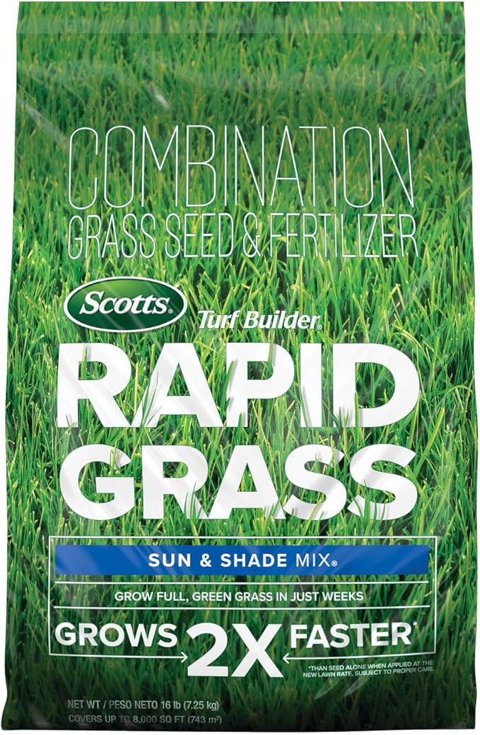 Scotts Turf Builder Rapid Grass Sun and Shade Mix Combination Grass Seed and Fertilizer Grows Green Grass in Just Weeks 16 lbs.