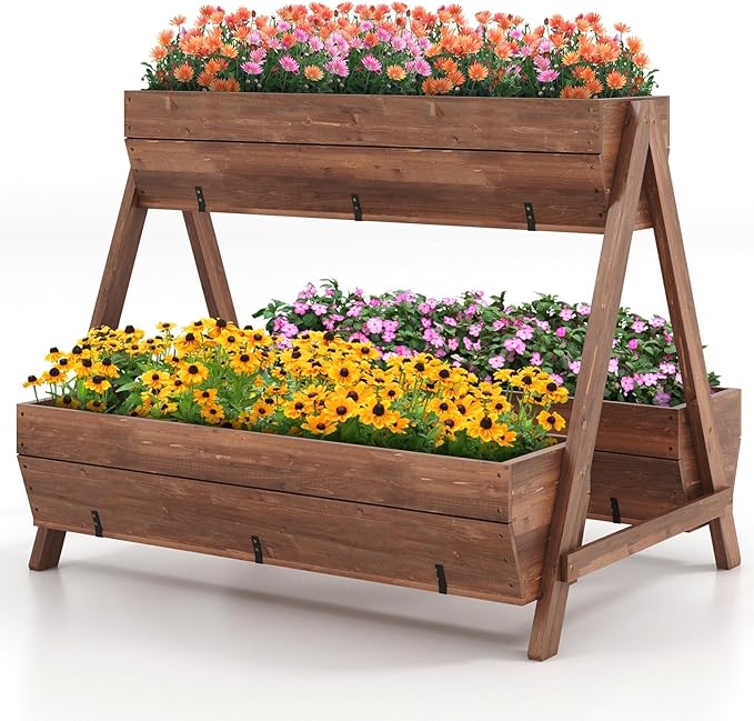 Moccha Vertical Raised Garden Bed 3 Fir Wood Planter Boxes for Flowers Vegetables Herbs Freestanding Flower Bed with Drainage Holes Elevated Garden Planter for Indoor Outdoor (44 x 36 x 35)