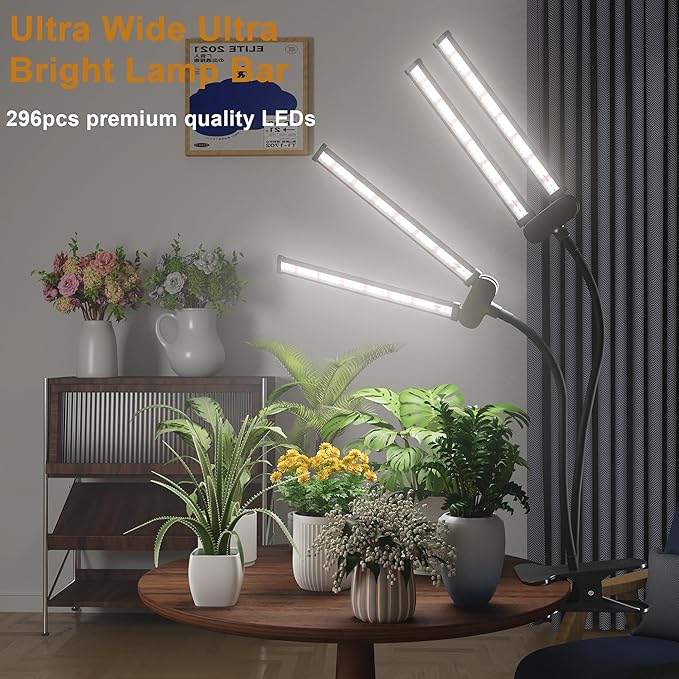 Juhefa LED Grow LightSuper Bright 6000K White Full Spectrum Clip Plant Growing Lamp with Rotatable Dual Head for Indoor Desk PlantsDimmable &amp Timer 4/8/12HHigh Power Output for Faster Growth2-