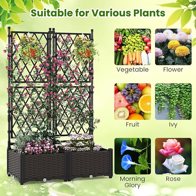 Giantex Raised Garden Bed with Lattice Trellis Self-Watering Planter Box with Drain Hole for Vine Vegetable Herb Flower Fruit Indoor Outdoor Standing Privacy Fence for Yard Porch Balcony