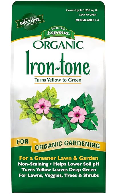 Espoma Organic Iron-Tone 3-0-3 Organic Fertilizer and Plant Food to Help Correct Iron Deficiency (Chlorosis). 5 lb. Bag. Turns Yellow to Green Non Staining Iron - 2 Pack